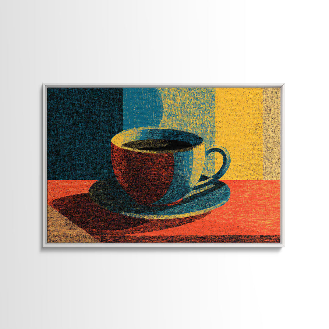 Sunlit Coffee Cup Still Life, Canvas Print, Midcentury Modern Art, Retro Kitchen Poster, Warm Orange Blue Wall Decor Print
