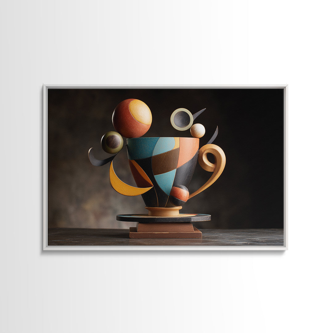 Geometric Sculptural Teacup Still Life, Framed Canvas Print, Midcentury Modern Artwork, Abstract Coffee Decor Statement Piece