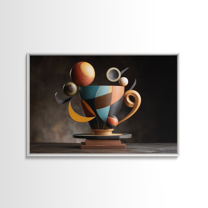 Geometric Sculptural Teacup Still Life, Framed Canvas Print, Midcentury Modern Artwork, Abstract Coffee Decor Statement Piece