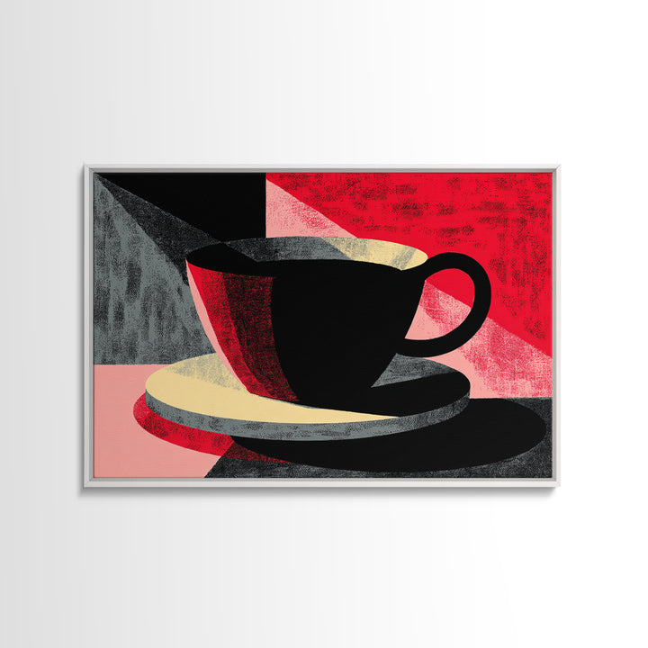 Black Coffee Cup On Pink Red Abstract, Wall Art, Modern Kitchen Poster, Retro Cafe Print, Bold Geometric Home Decor Gift