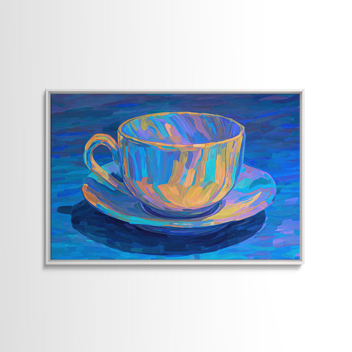 Iridescent Blue Teacup Still Life, Canvas Print, Colorful Modern Art Print, Painterly Cafe Decor, Vibrant Kitchen Wall Art