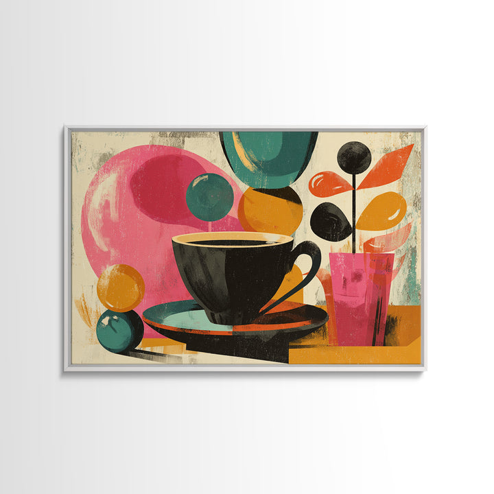 Black Coffee Cup With Pink Circles, Midcentury Modern Wall Art, Retro Cafe Poster, Abstract Botanical Shapes Home Decor Print