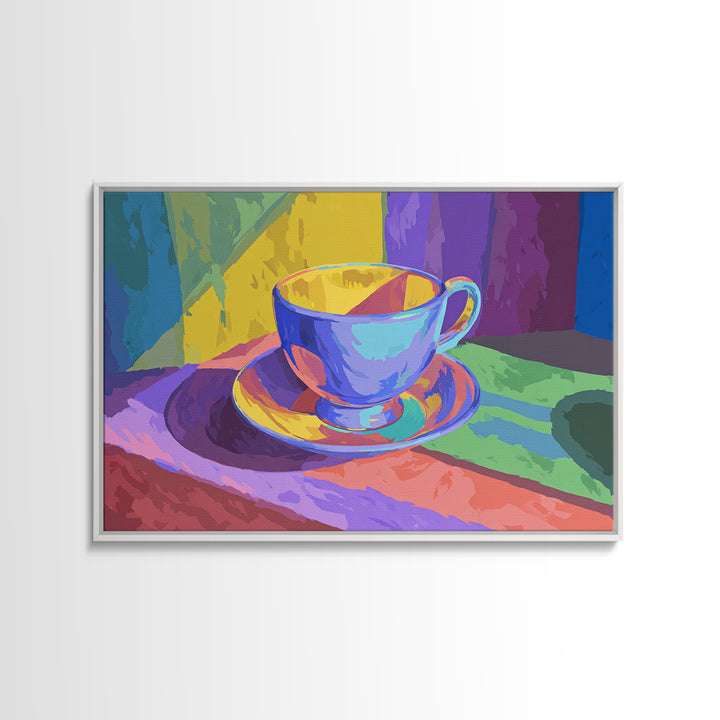Rainbow Blue Teacup Still Life, Framed Canvas Print, Colorful Modern Wall Art, Retro Kitchen Poster, Bright Home Decor Gift