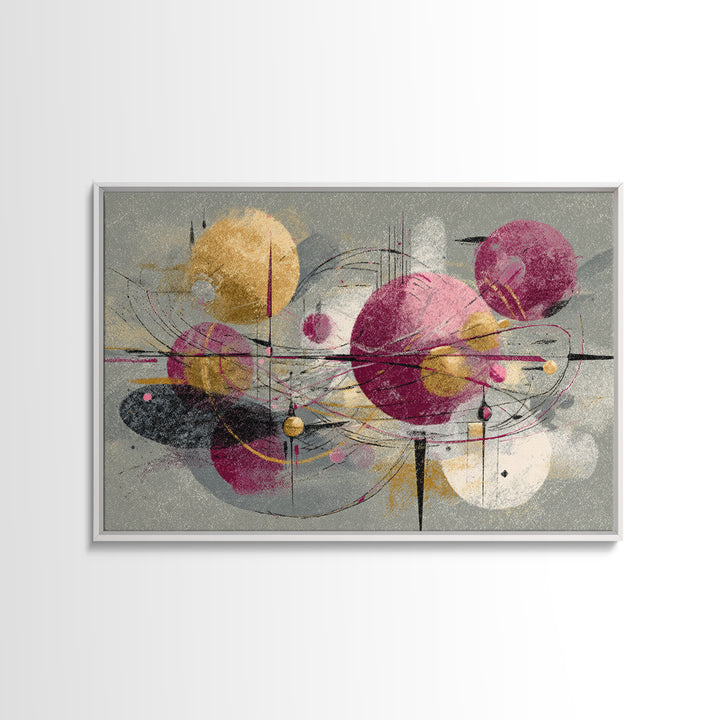 Magenta Gold Atomic Orbits Abstract Wall Art, Midcentury Modern Art Print, Retro Geometric Decor, Bold MCM Wall Decor Prints