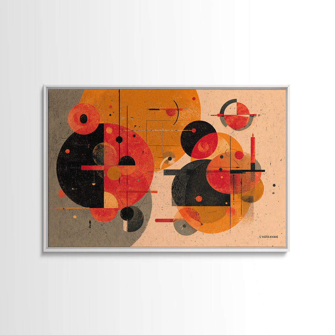 Orange Black Geometric Circles Canvas Print, Midcentury Modern Art, Atomic Retro Poster, Abstract Wall Decor For Living Room