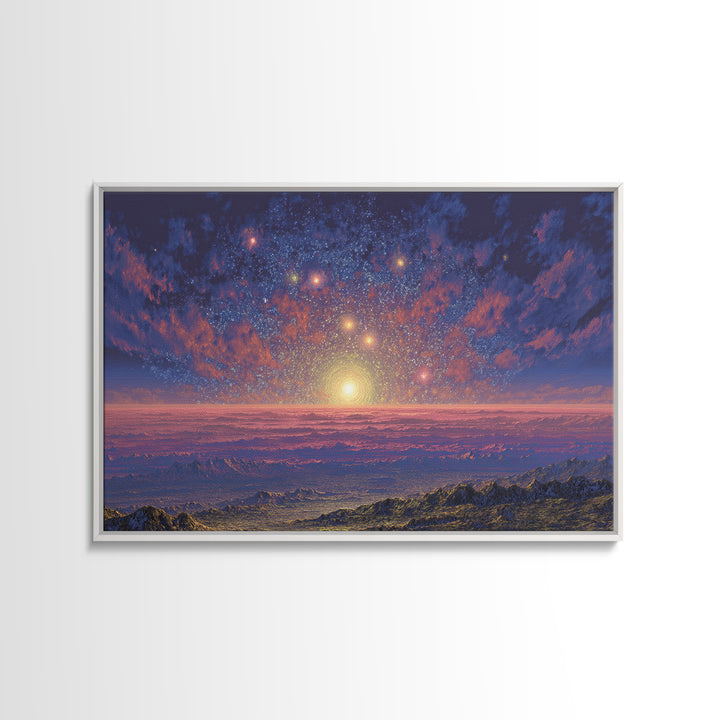 Starry Mountain Sunrise Canvas Print, Scenic Space Abstract Art, Blue Pink Landscape Wall Decor, Modern Home Art Poster Gift