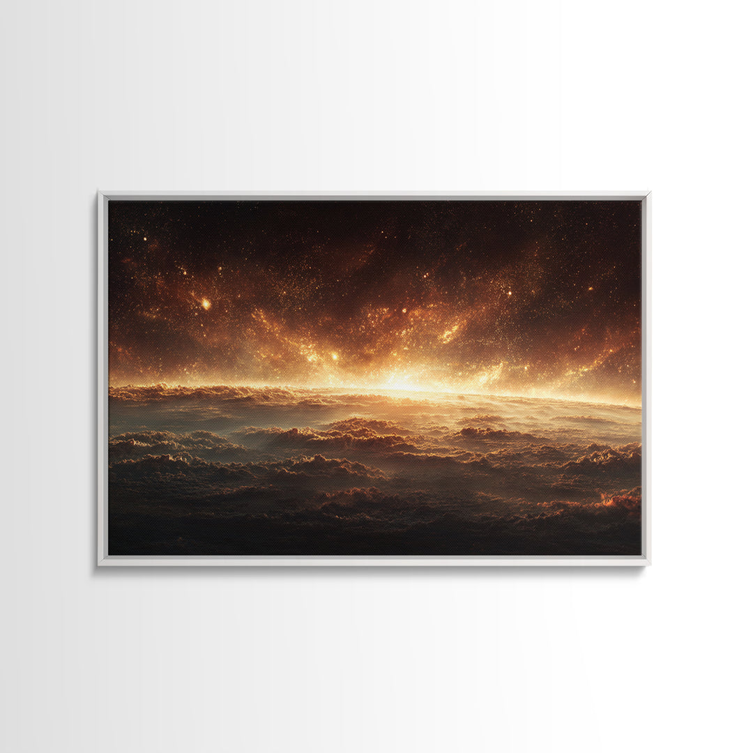 Golden Cosmic Horizon Framed Canvas Print, Space Abstract Art, Starry Cloudscape Wall Decor, Modern Wall Art For Bedroom