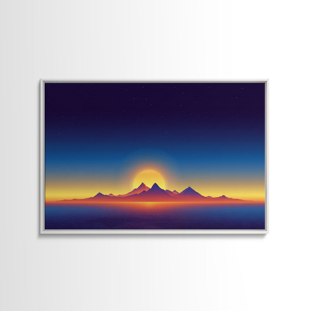 Minimal Island Sunrise Canvas Print, Retro Sunset Poster, Blue Yellow Ocean Landscape Wall Decor, Modern Home Art Gift Print