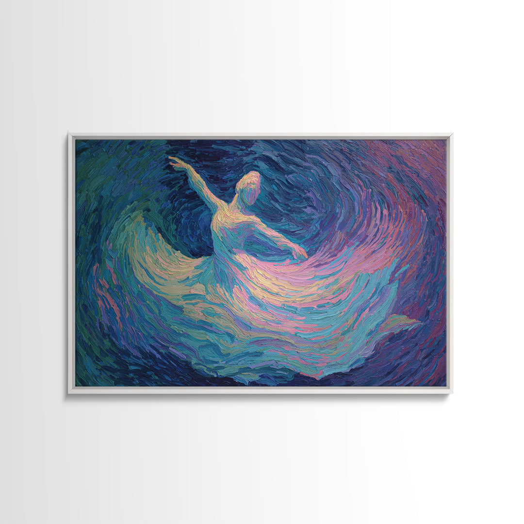 Swirling Ballerina Dancer Framed Canvas Print, Blue Purple Impressionist Wall Art, Romantic Fine Art For Bedroom Decor Gift
