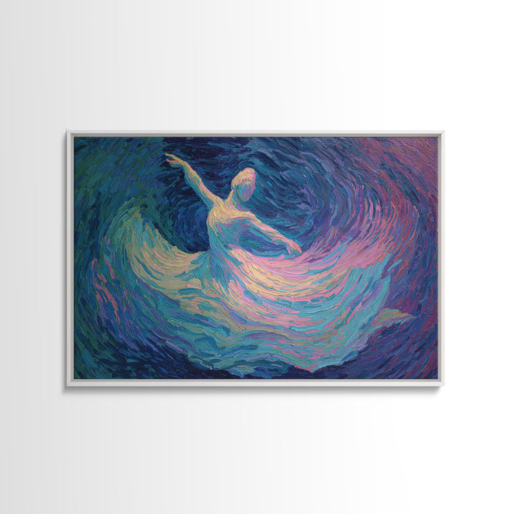 Swirling Ballerina Dancer Framed Canvas Print, Blue Purple Impressionist Wall Art, Romantic Fine Art For Bedroom Decor Gift