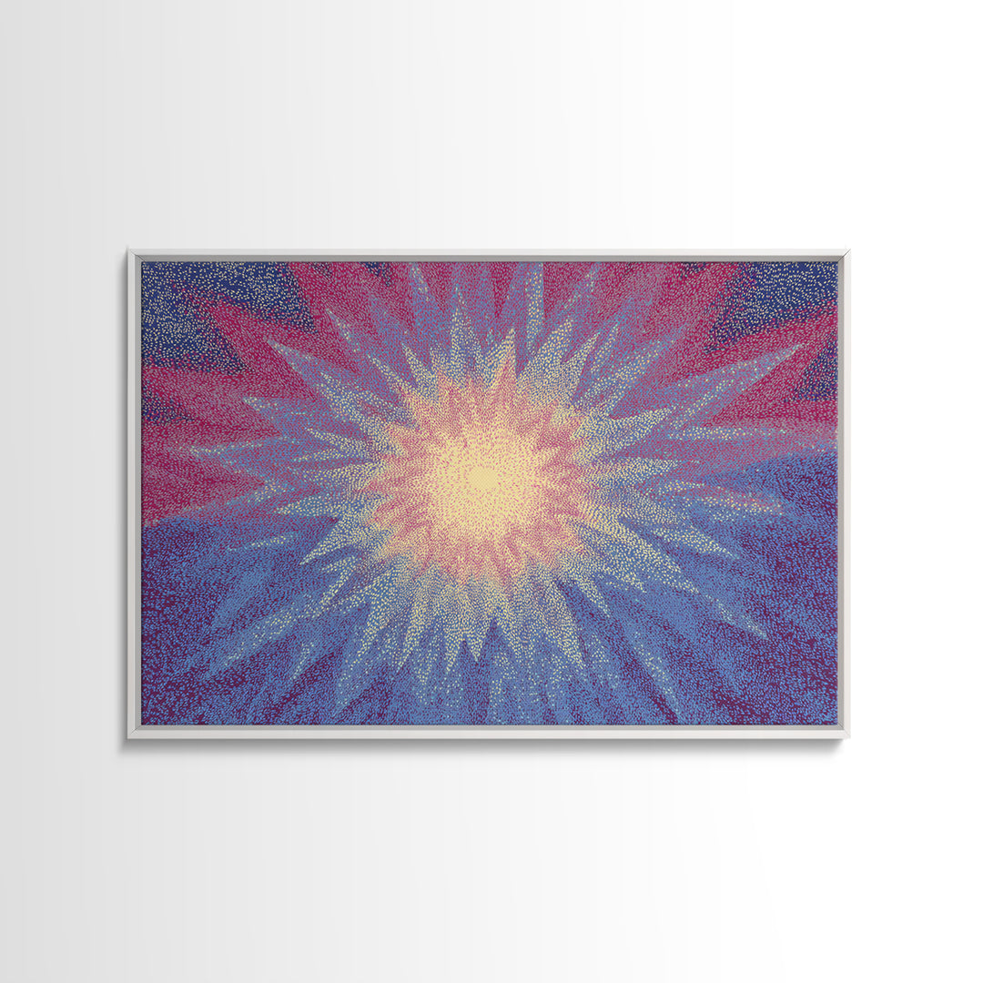 Pink And Blue Radiant Starburst Wall Art, Midcentury Modern Abstract Sun Print, Psychedelic Pointillism Decor Poster For Bedroom