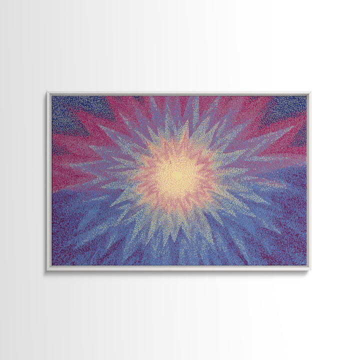 Pink And Blue Radiant Starburst Wall Art, Midcentury Modern Abstract Sun Print, Psychedelic Pointillism Decor Poster For Bedroom