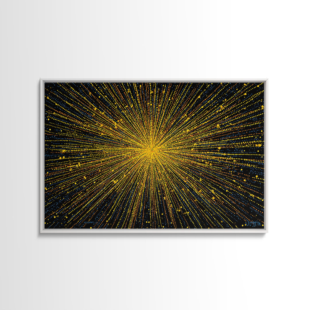 Radiant Yellow Dotted Starburst Canvas Print, Modern Abstract Art, Cosmic Retro Wall Art, Bold Geometric Decor For Home Office