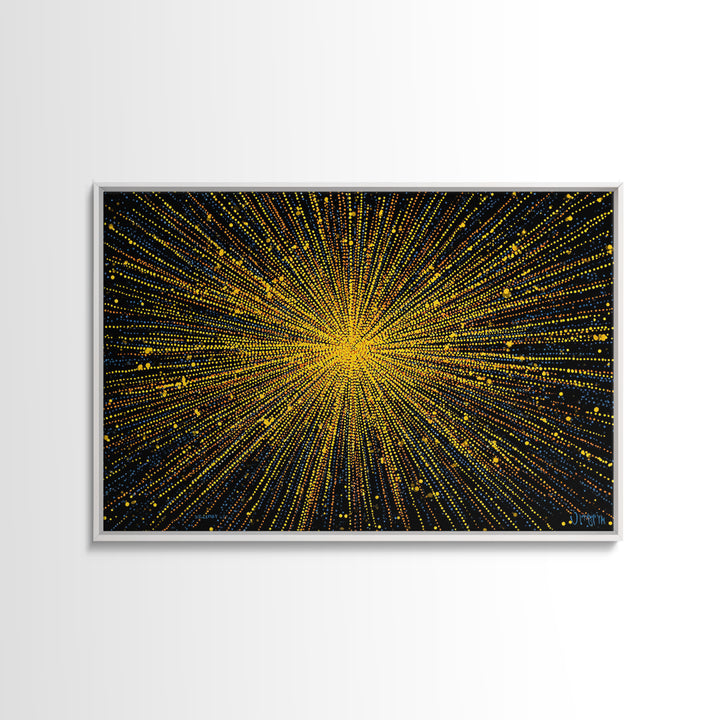 Radiant Yellow Dotted Starburst Canvas Print, Modern Abstract Art, Cosmic Retro Wall Art, Bold Geometric Decor For Home Office