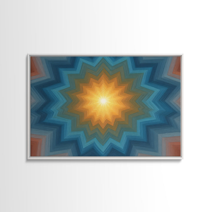 Teal And Orange Geometric Mandala Starburst Canvas Print, Midcentury Modern Wall Art, Atomic MCM Home Decor For Living Room
