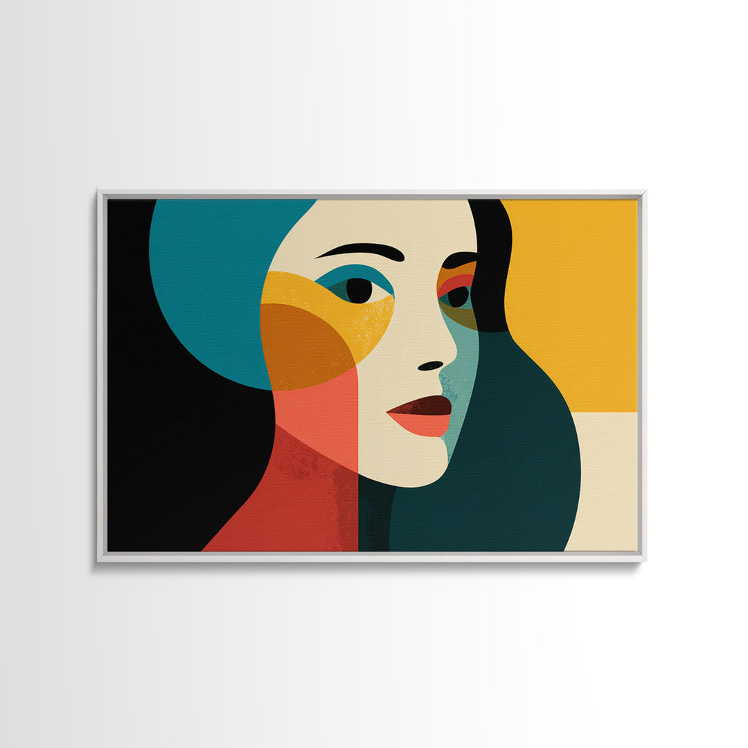 Geometric Minimal Woman Portrait Canvas Print, Midcentury Modern Wall Decor, Teal Orange Abstract Art, Retro MCM Home Decor