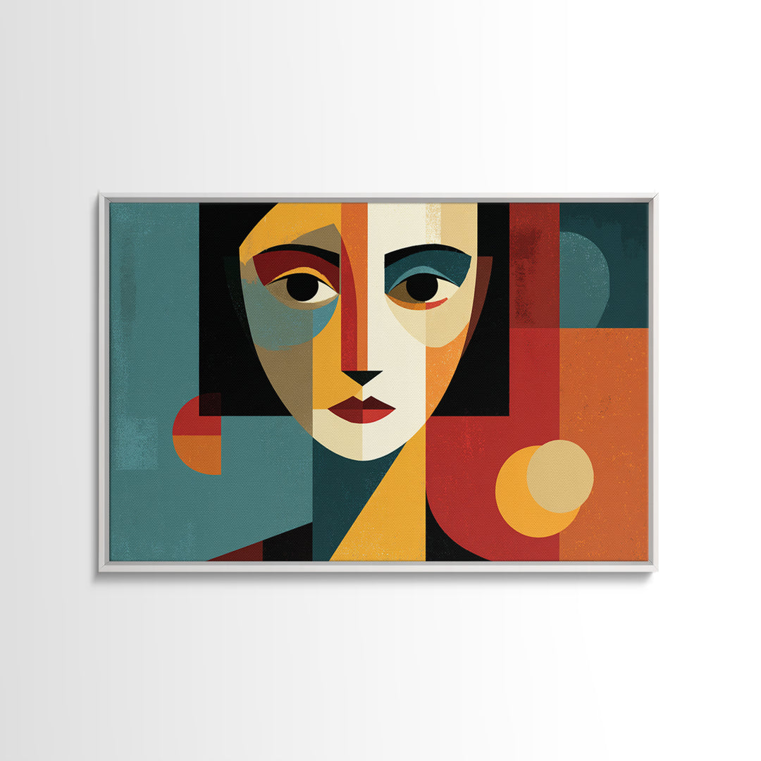 Cubist Geometric Woman Face Framed Canvas Print, Midcentury Modern Art, Bauhaus Poster, Color Block Living Room Wall Decor