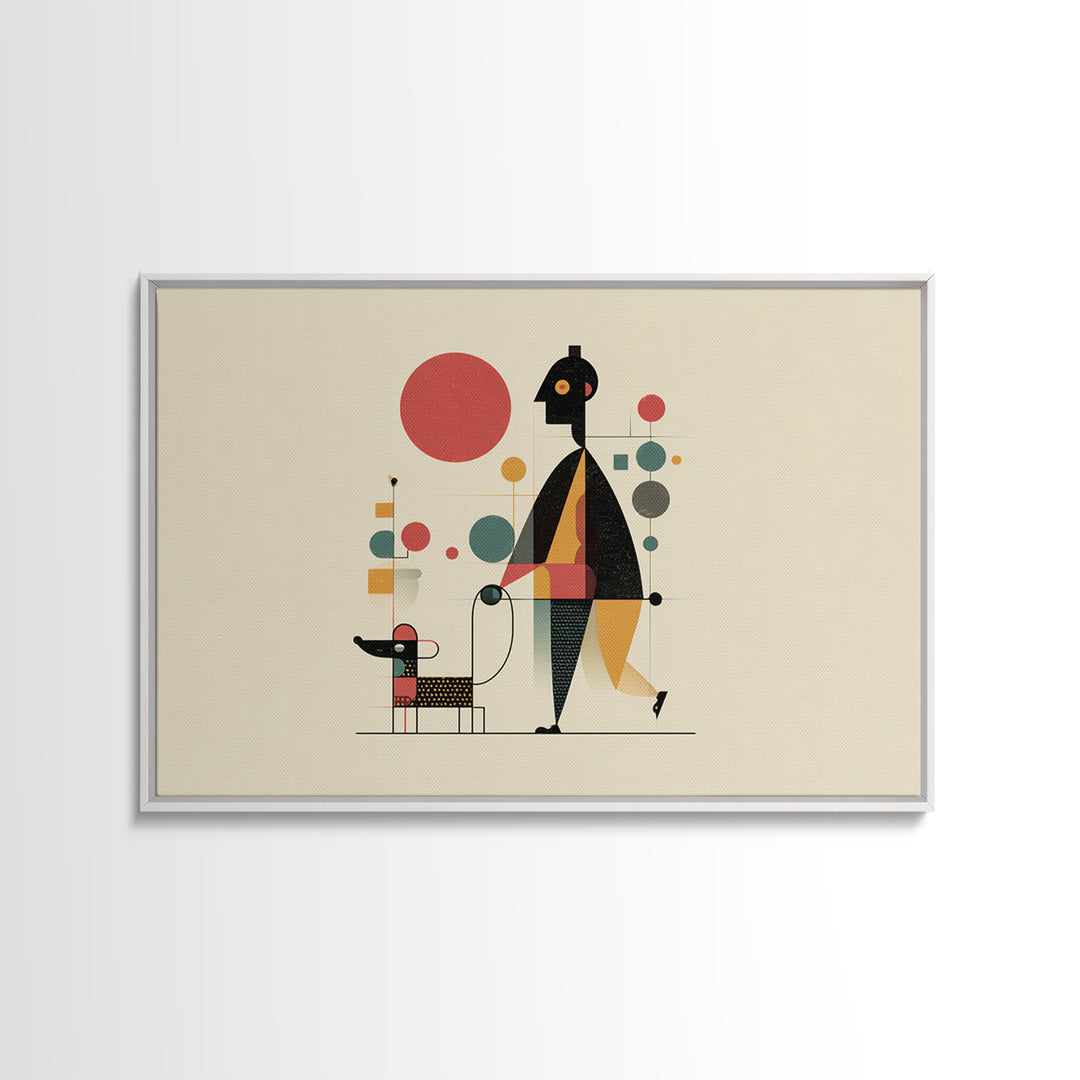 Whimsical Abstract Figure With Dog Canvas Print, Midcentury Modern Wall Art, Atomic Circles, Retro MCM Nursery Office Decor