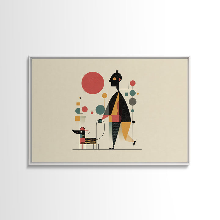 Whimsical Abstract Figure With Dog Canvas Print, Midcentury Modern Wall Art, Atomic Circles, Retro MCM Nursery Office Decor