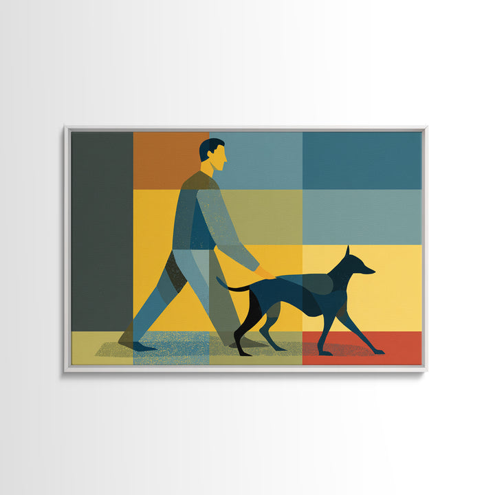 Man Walking Dog Color Block Wall Art, Midcentury Modern Print, Retro Geometric Poster, Blue Yellow Living Room Home Decor
