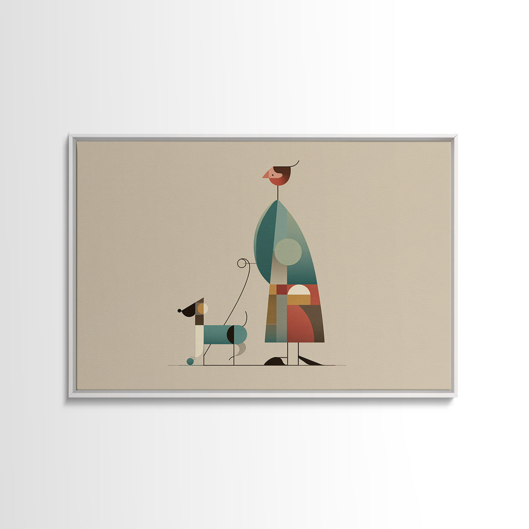 Minimalist Woman Walking Dog Canvas Print, Midcentury Modern Art, Scandinavian Retro Decor, Neutral Beige Gallery Wall Art