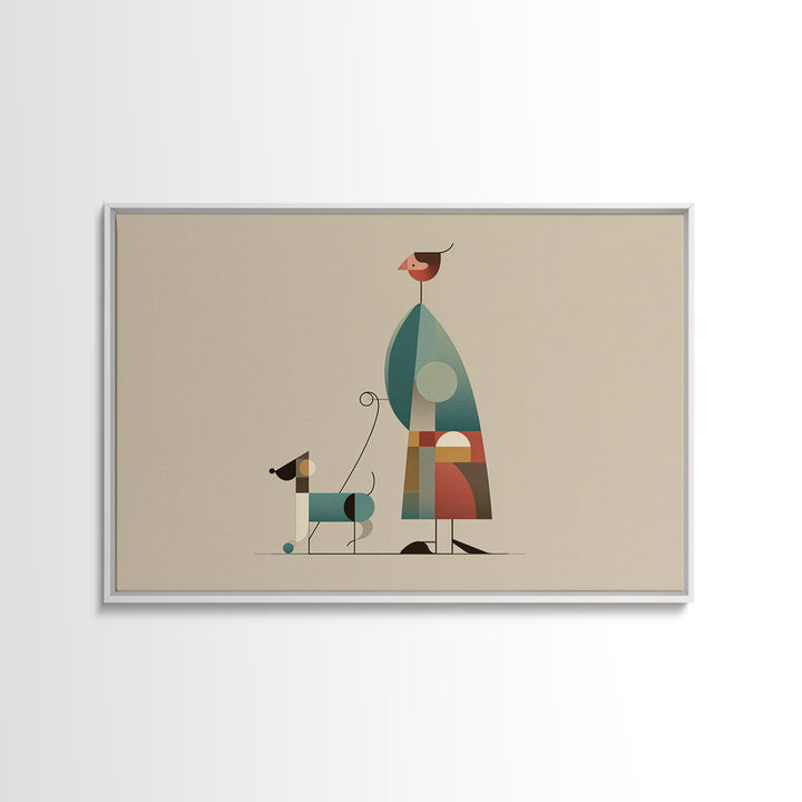 Minimalist Woman Walking Dog Canvas Print, Midcentury Modern Art, Scandinavian Retro Decor, Neutral Beige Gallery Wall Art