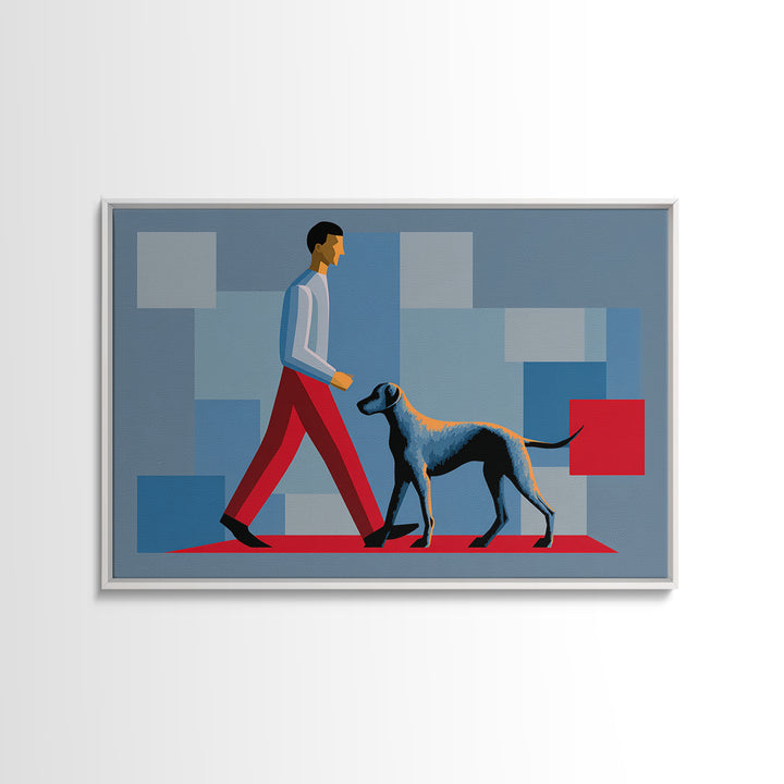 Stylish Man Walking Grey Dog Wall Art, Midcentury Modern Canvas Print, Blue Red Geometric Decor, Masculine Office Artwork