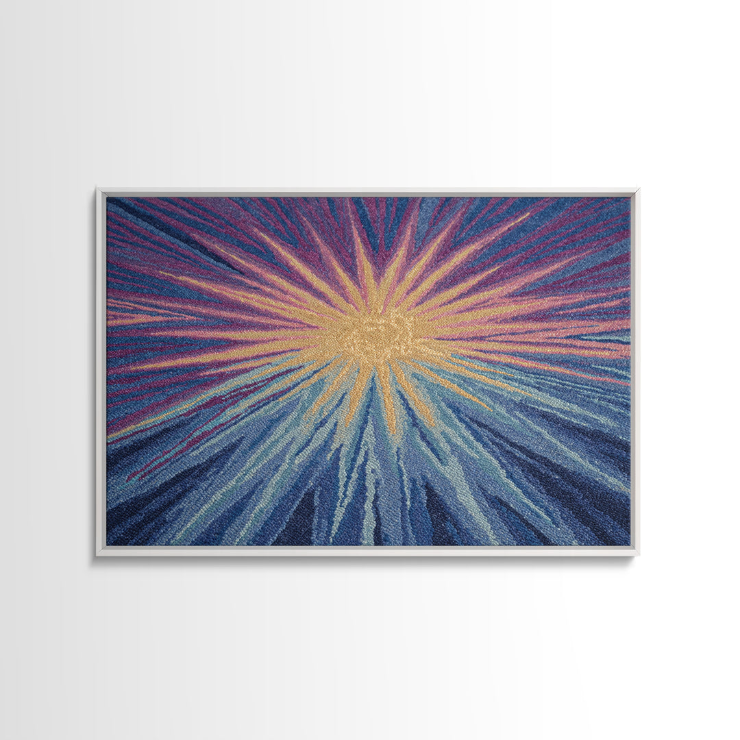 Blue Purple And Gold Radiant Sunburst Framed Canvas Print, Midcentury Modern Abstract Art, Textured Statement Wall Decor