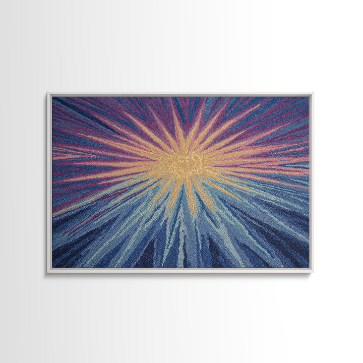 Blue Purple And Gold Radiant Sunburst Framed Canvas Print, Midcentury Modern Abstract Art, Textured Statement Wall Decor