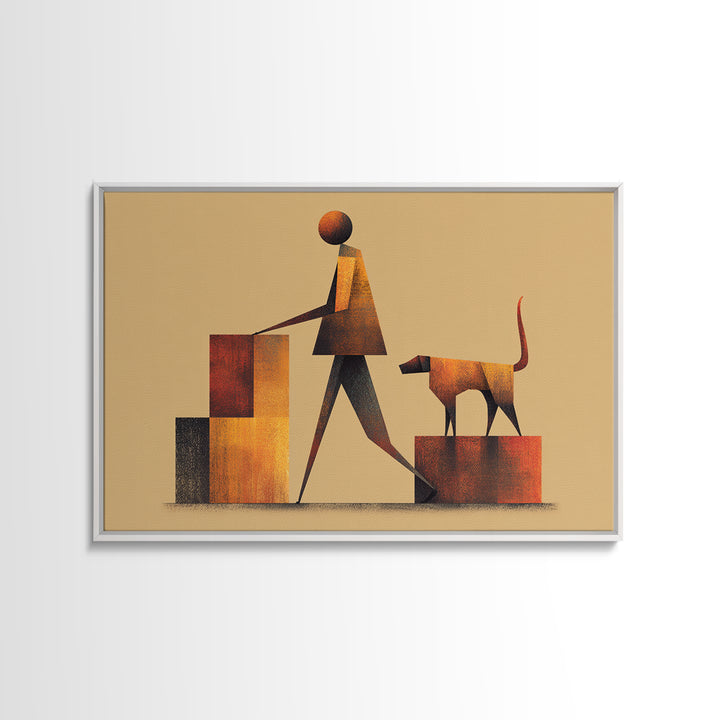Stylized Figure With Dog On Steps Canvas Print, Midcentury Modern Wall Art, Warm Orange Brown Geometric Home Office Decor