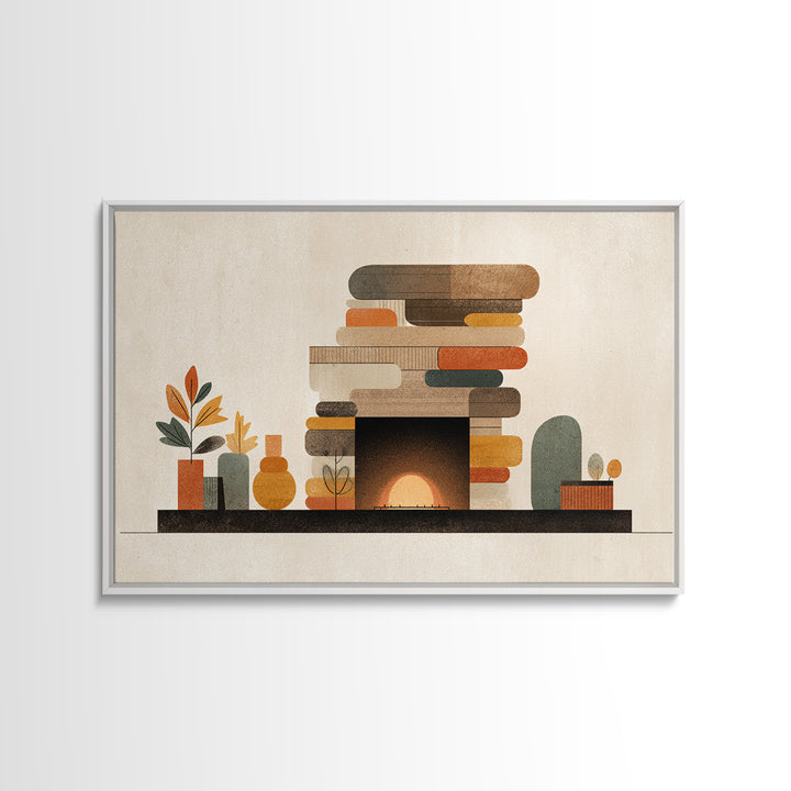 Cozy Midcentury Fireplace Wall Art, Warm Geometric Hearth Canvas Print, Retro MCM Home Decor For Living Room And Office Decor