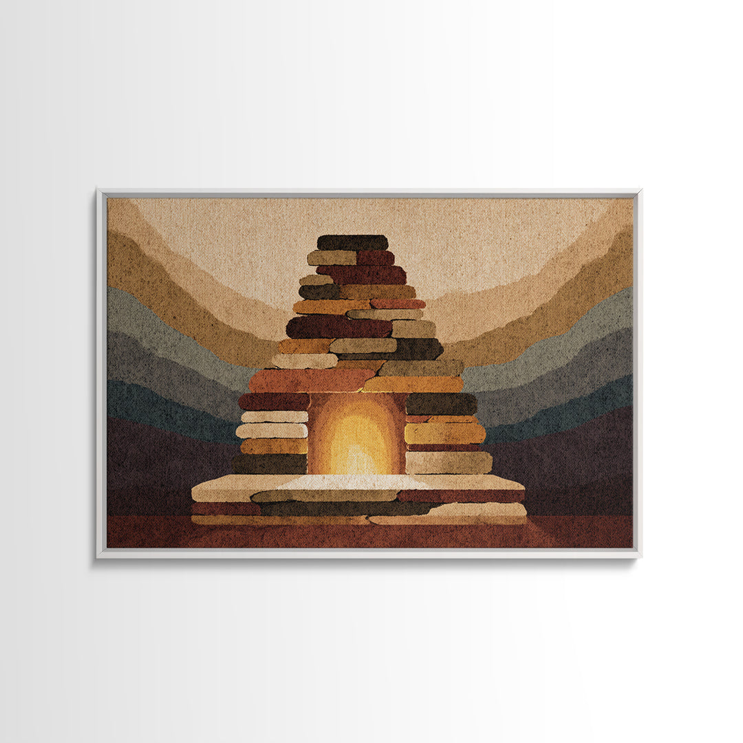 Rustic Stone Fireplace Wall Art, Mountain Lodge Midcentury Canvas Print, Warm Cabin Decor For Living Room Or Office Gallery