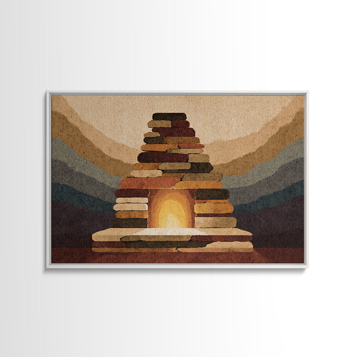 Rustic Stone Fireplace Wall Art, Mountain Lodge Midcentury Canvas Print, Warm Cabin Decor For Living Room Or Office Gallery
