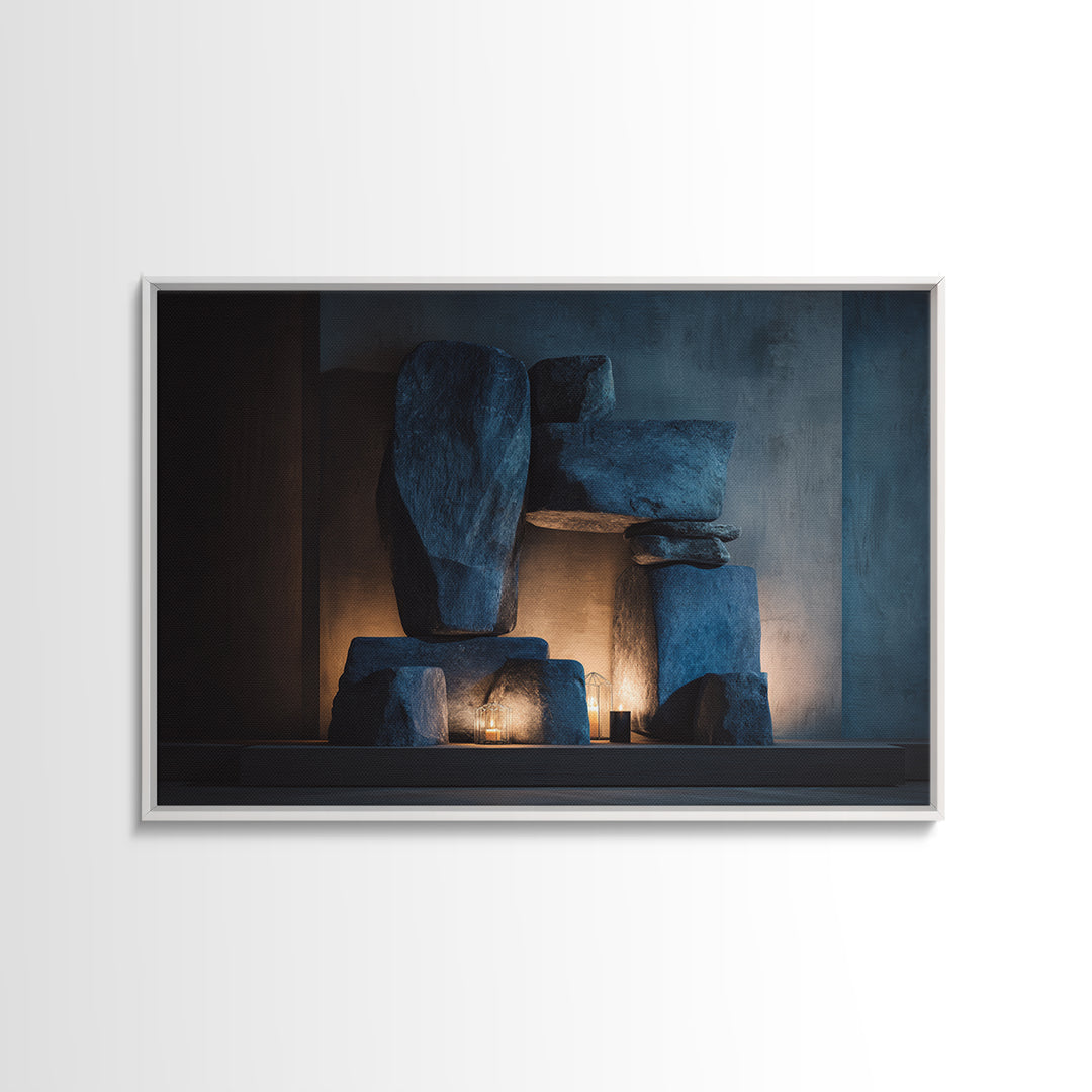Blue Megalith Stone Sculpture Wall Art, Dramatic Modern Framed Canvas Print, Moody Minimalist Decor For Home Office Or Den