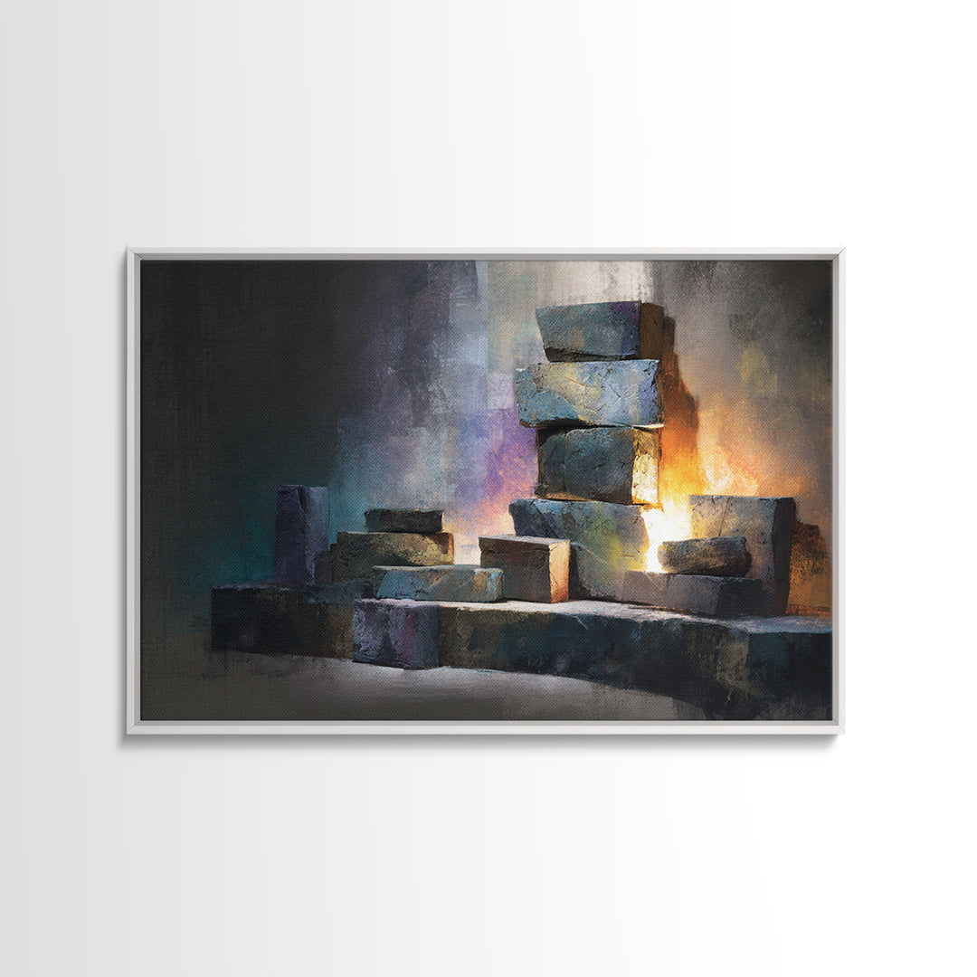 Stacked Stone Blocks Wall Art, Glowing Abstract Sculpture Canvas Print, Modern Contemporary Decor For Living Room Office