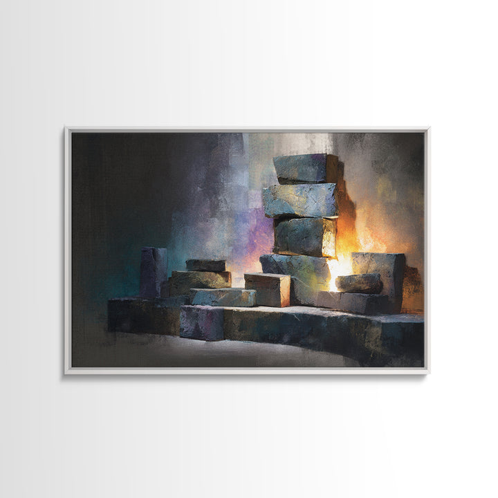 Stacked Stone Blocks Wall Art, Glowing Abstract Sculpture Canvas Print, Modern Contemporary Decor For Living Room Office