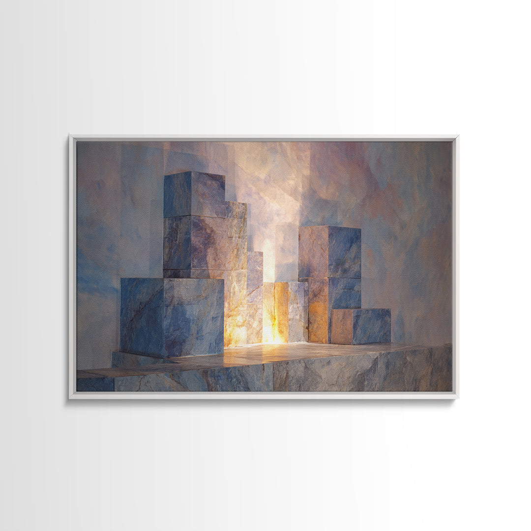Pastel Marble Block City Wall Art, Luminous Geometric Framed Canvas Print, Modern Abstract Decor For Living Room Office Gallery