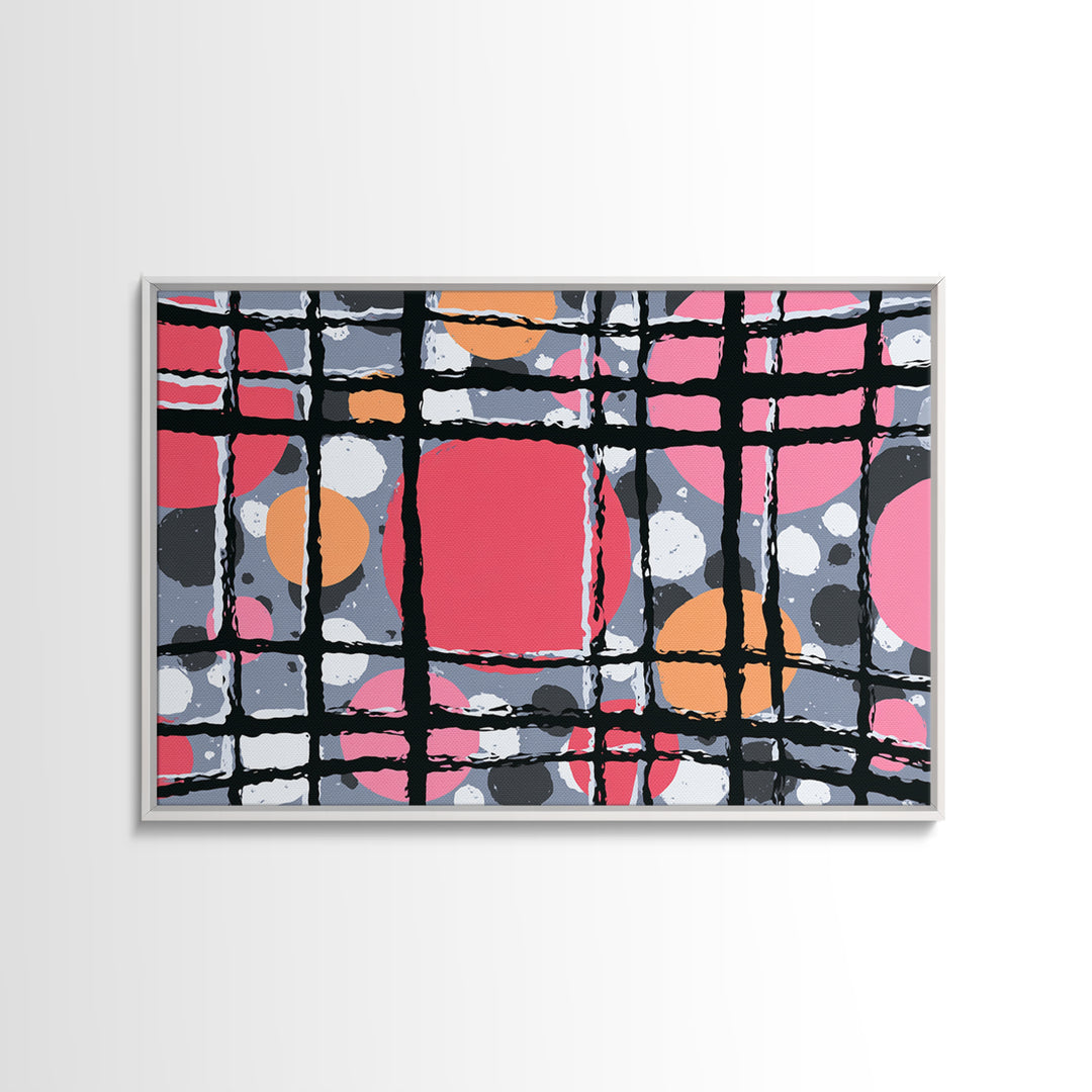 Pink Orange Wavy Grid Wall Art, Playful Abstract Circles Canvas Print, Retro Modern Geometric Decor For Dorm Office Or Studio