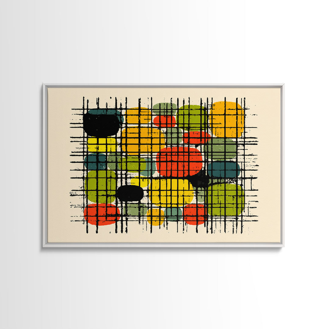 Colorful Grid Abstract Painting, Midcentury Modern Wall Art, Geometric Shapes Poster, Retro MCM Home Decor Canvas Print Gift