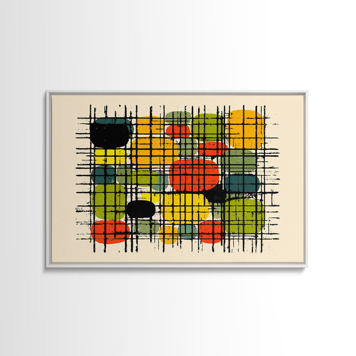 Colorful Grid Abstract Painting, Midcentury Modern Wall Art, Geometric Shapes Poster, Retro MCM Home Decor Canvas Print Gift