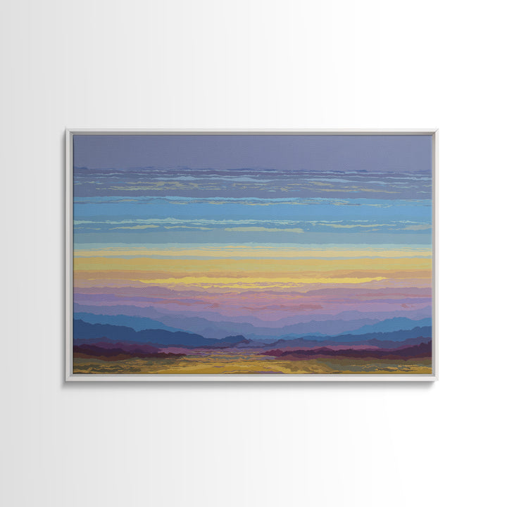 Pastel Mountain Sunset Landscape, Modern Wall Art, Scenic Nature Art Print, Serene Living Room Decor Framed Canvas Print