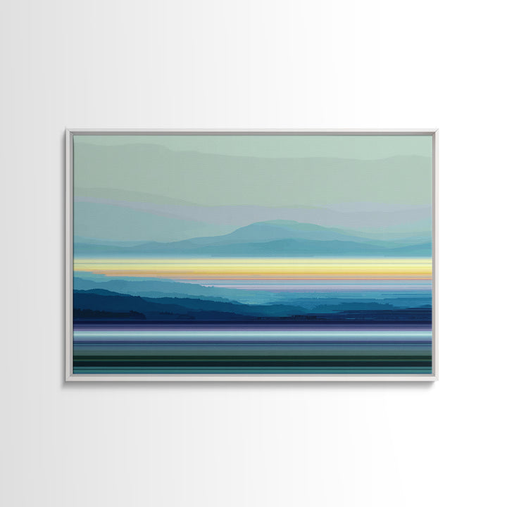 Misty Blue Mountain Lake Horizon, Modern Wall Art, Serene Landscape Art Print, Calm Bedroom Decor Framed Canvas Print Gift