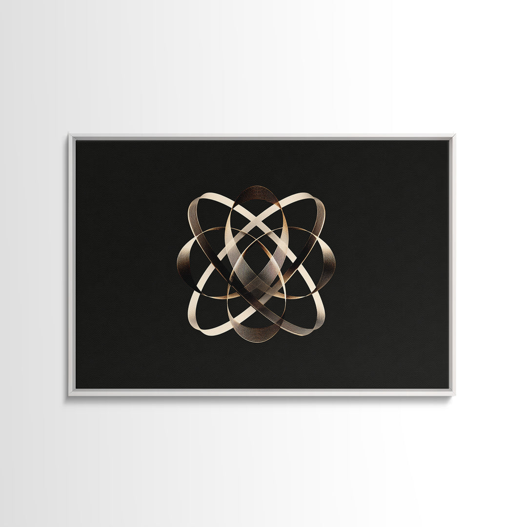 Gold Metallic Atomic Orbit On Black, Modern Wall Art, Geometric Abstract Poster, Luxe Contemporary Decor Canvas Print Gift