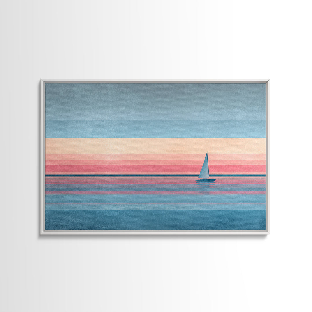Pastel Sailboat Horizon Canvas Print, Coastal Wall Art, Minimalist Seascape, Retro Modern Decor For Beach House, Living Room Art