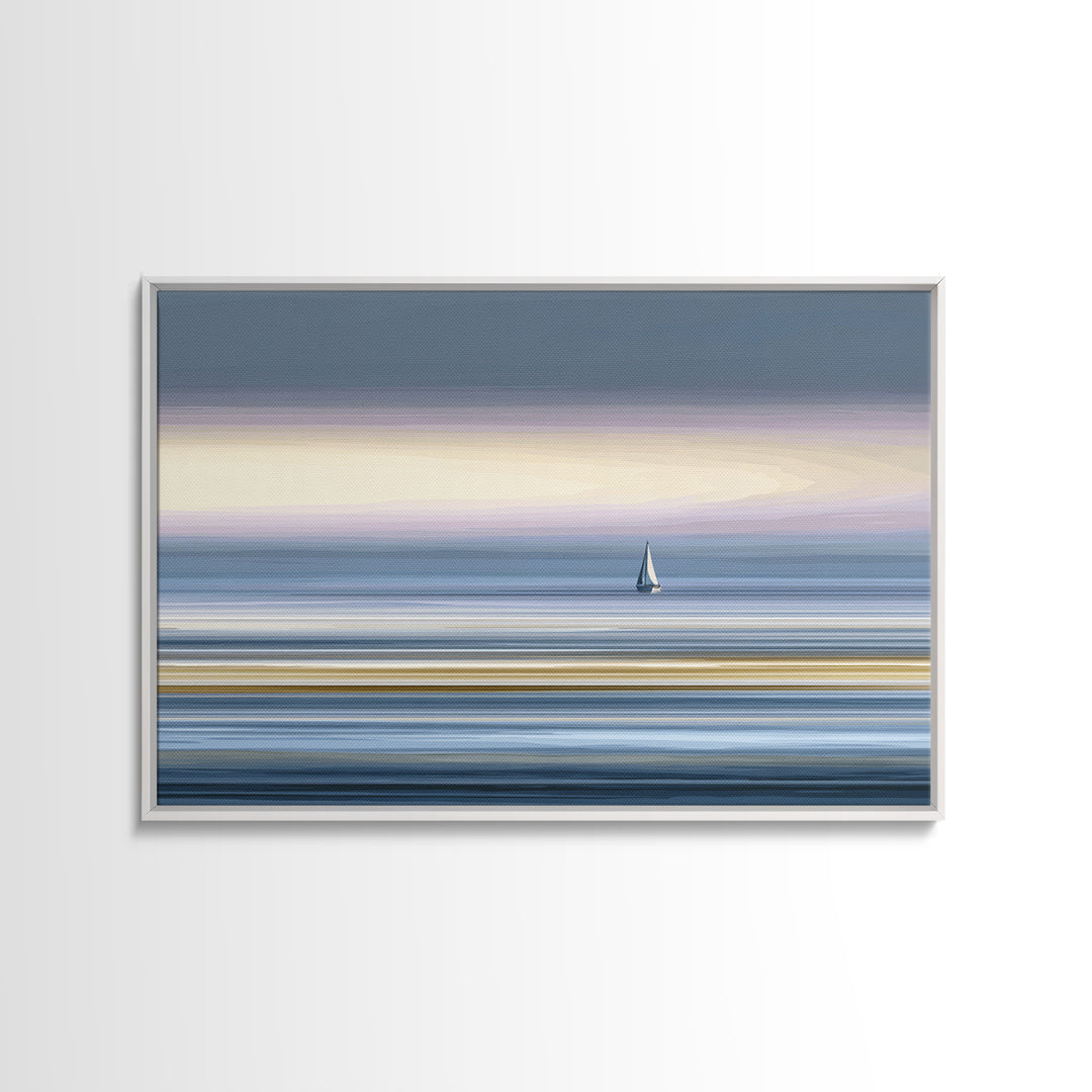Minimal Sailboat At Dusk Canvas Print, Serene Coastal Wall Art, Pastel Ocean Horizon, Modern Bedroom Decor, Large Print Gift