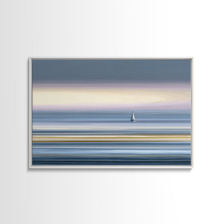 Minimal Sailboat At Dusk Canvas Print, Serene Coastal Wall Art, Pastel Ocean Horizon, Modern Bedroom Decor, Large Print Gift