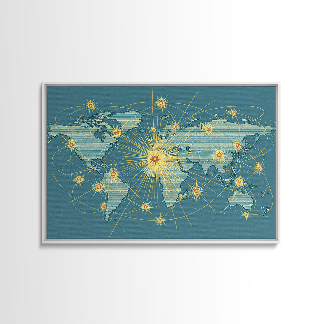 Retro World Map With Golden Network Lines Wall Art, Midcentury Modern Travel Poster, Atomic Office Decor For Global Home
