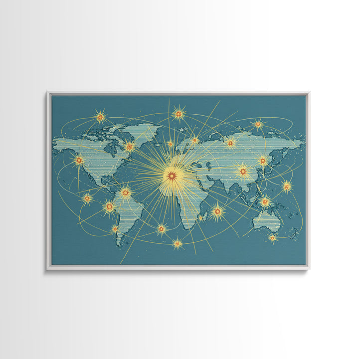 Retro World Map With Golden Network Lines Wall Art, Midcentury Modern Travel Poster, Atomic Office Decor For Global Home