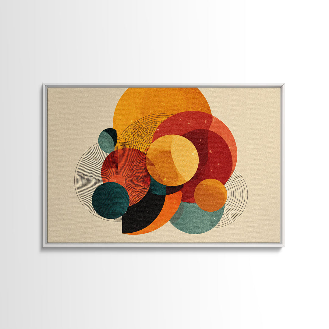 Orange Teal Circle Abstract Canvas Print, Midcentury Modern Wall Art, Bauhaus Geometric Poster, Warm Retro Home Decor Gift