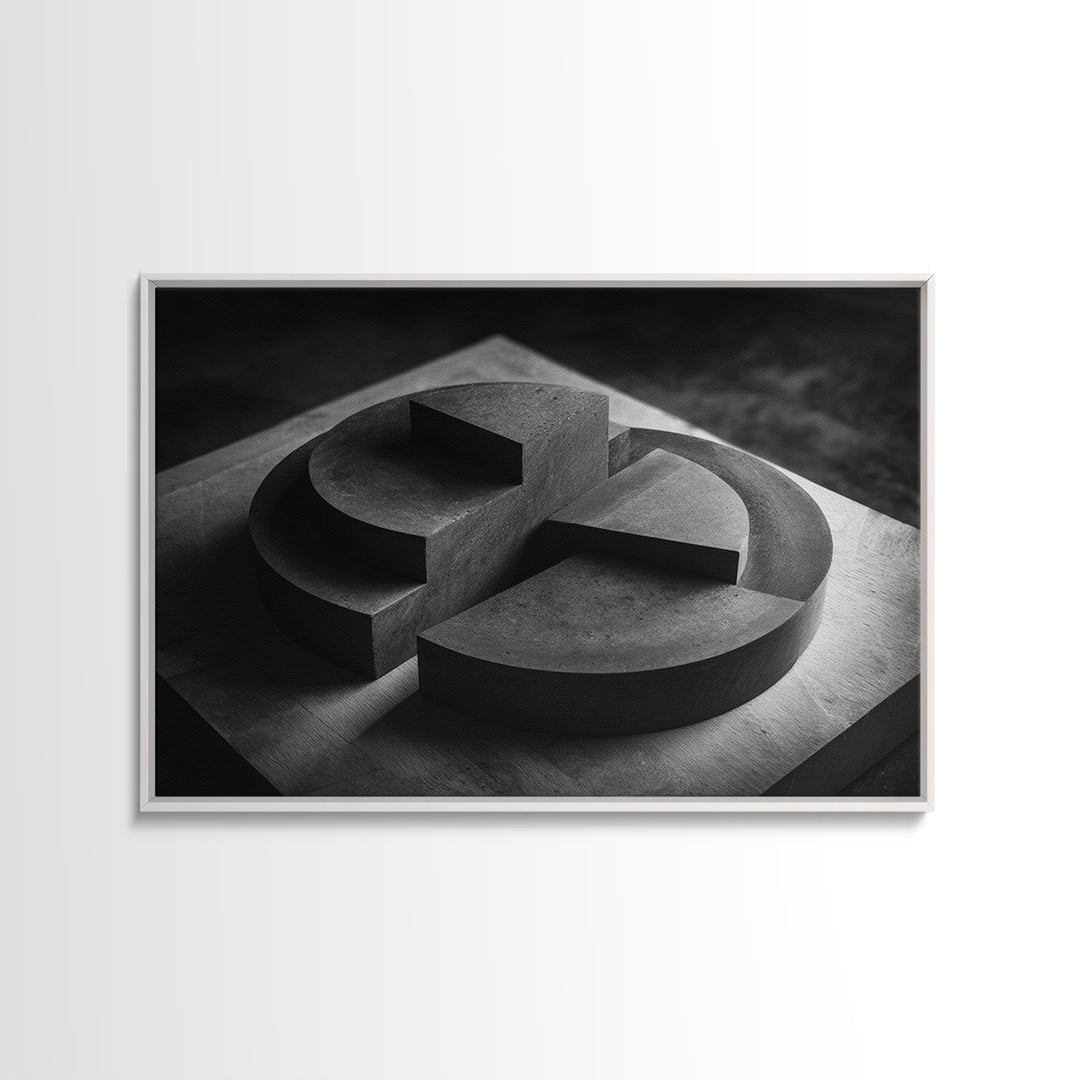 Black And White Concrete Circle Sculpture Canvas Print, Modern Abstract Art, Minimalist Wall Art, Masculine Office Wall Decor